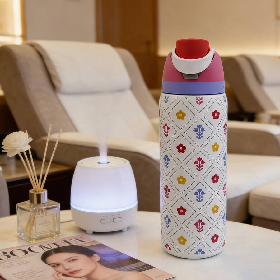 Owa Laa Colored Flower Design Large Capacity Stainless Steel Water Bottle,32oz/945ml,With A Straw,Exquisite Appearance,Keeps Drinks Hot Or Cold,Can Hold Iced Drinks And Water,Suitable For Leisure,Work,Sports,Indoors And Outdoors,Suitable For Students And Office Workers,As A Gift - 白色 - 查看 1