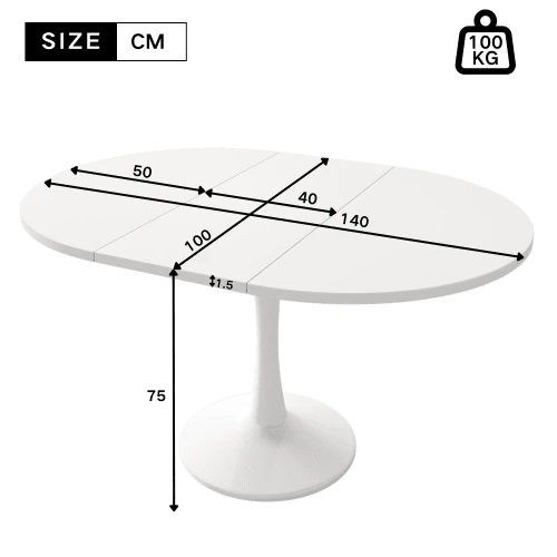 Extendable Dining Table, Oval Table, Coffee/Lounge Table, Length 100/140 X Width 100 X Height 75 Cm, Modern And Minimalist Dining Table, White - White - View 7