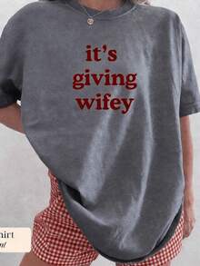 2026 Women' Its Giving Wifey Print T Shirt,Bride To Be Oversized Heavy Cotton Tee,Honeymoon Wedding Daily WearEnd Of - 灰色 - 查看 7