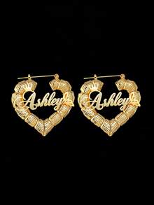 1 paire de boucles d'oreilles créoles larges de 7 cm, personnalisables avec un nom/texte, boucles d'oreilles personnalisées, boucles d'oreilles en acier inoxydable doré 18 carats à nœud de bambou - Nom rond doré - Grandes boucles d'oreilles créoles, Thanksgiving Noël - 2,76 pouces - Or mat - Voir 18