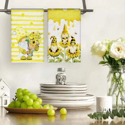 2/4/48pcs Sunflower Pattern Polyester Dish Cloths, Yellow Polka Dot Dwarf Design, Absorbent Soft Durable, Suitable For Daily Kitchen Cleaning, Decorating Home And Holidays, Practical And Versatile, High Absorbency Kitchen Towels