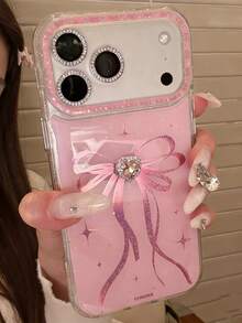 Stylish Bling Bowknot 3D Heart Glossy Phone Case Compatible With IPhone 17ProMax 17Pro 17 16 15 Pro Max Glitter Case Shockproof Back Cover - Pink - View 2
