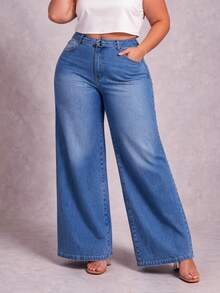 BNB Calça Wide leg Plus Size Feminina Cintura Alta - jeans - Visão 4