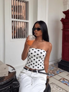 New Sexy Polka Dot Print Ruched Tube Top, Crop Top - White - View 2