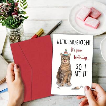 Hilarious 'A Little Birdie Told Me It's Your Birthday, So I Ate It' Card - Perfect For Cat Lovers & Special Someone - Unique Gift For Boyfriend, Girlfriend, Husband, Wife, Friend