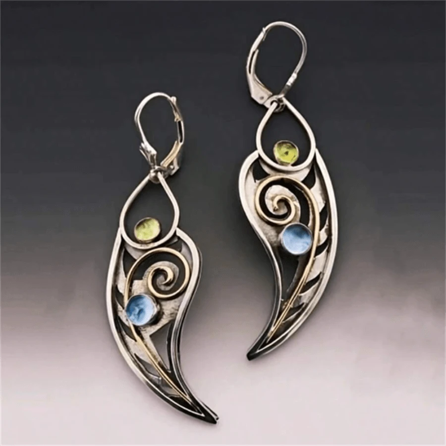 一对波西米亚复古镂空叶形宝石吊坠耳环，时尚个性化派对珠宝礼物（女士款） - 復古銀色 - 查看 1