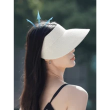 1pc Fashion Straw Sun Visors For Women Wide Brim Hats Roll-Up Foldable Summer Beach Visor Hat - 多色 4 - 查看 7