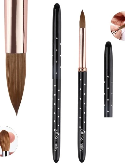 Pincel de uñas acrílicas de Kolinsky, pincel de uñas con strass negros, pincel acrílico de Kolinsky, pincel para polvo acrílico de uñas en tallas del #8 al #12