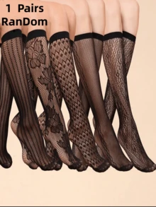 1/5 双女士蕾丝拼接性感镂空小腿袜，时尚 - 黑色 - 查看 10