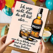 1 pieza Tarjeta de felicitación de cumpleaños divertida de whisky alemán con sobre rojo, ilustración de botella y vaso de whisky, perfecta para amantes del whisky y amigos - Ver 5