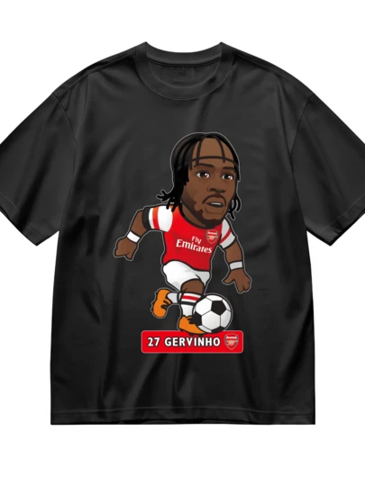 Men Cotton Short Sleeve T Shirt Round Neck Casual Sport Wear - Arsenales Football Club Player Gervinho Number 27 Cartoon Design With Soccer Ball And Team Logo - Perfect For World Cups Football Fans Supporting Arsenales Team During International Matches And Sports Events Featuring Iconic Player Gervinho In Action Pose On Black Pure Cotton Fabric Ideal For Casual Wear At Stadiums Or Home Watching Games