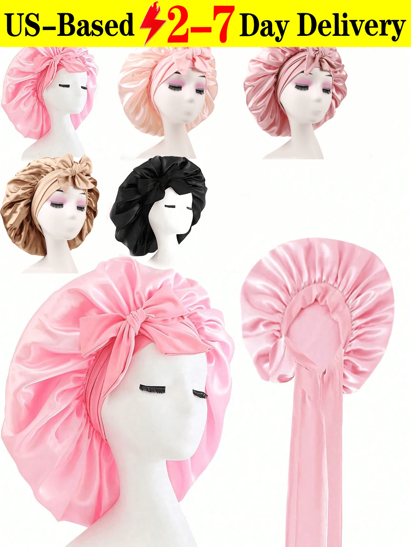 Silk Sleep Cap For Ladies, Satin Sleep Cap Oversized Curly Hair Sleep Cap With Elasticated Ties, Available In Various Colours  Spring/Summer Fashion Colour Combinations  Essential Hair Care Accessory For Home And Travel  Soft To The Touch   Exceptional Valu - 彩色 - 查看 1