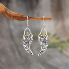 一对波西米亚复古镂空叶形宝石吊坠耳环，时尚个性化派对珠宝礼物（女士款） - 復古銀色 - 查看 3