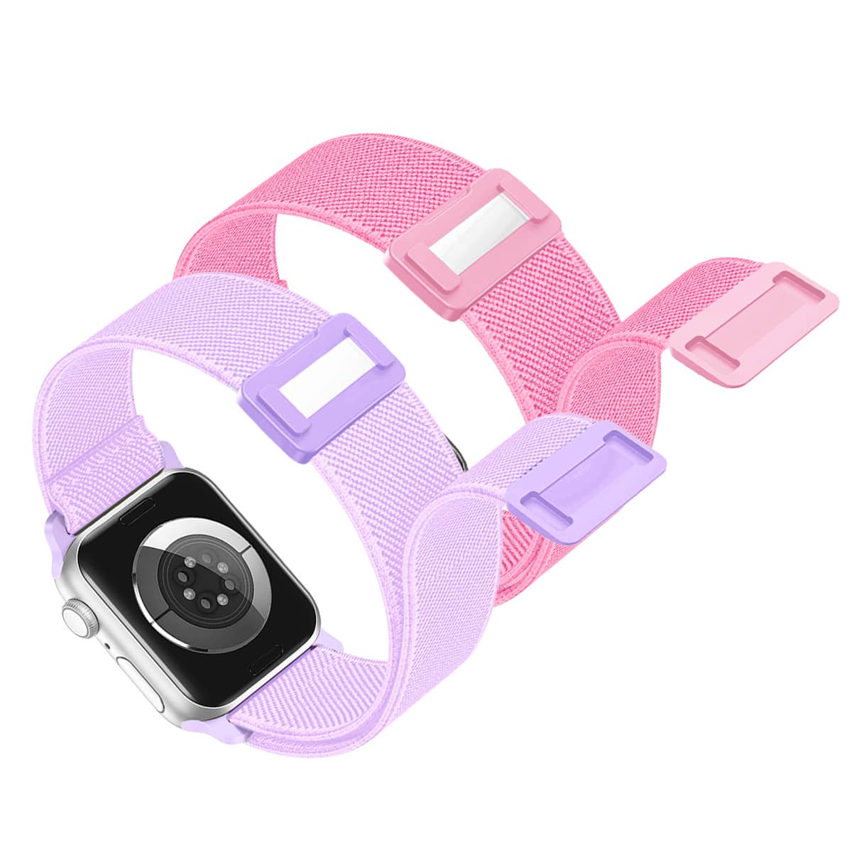 2条装尼龙弹性磁吸式替换表带，兼容 40mm 41mm 44mm 45mm，手表 - 燻衣紫+粉紅 - 查看 1