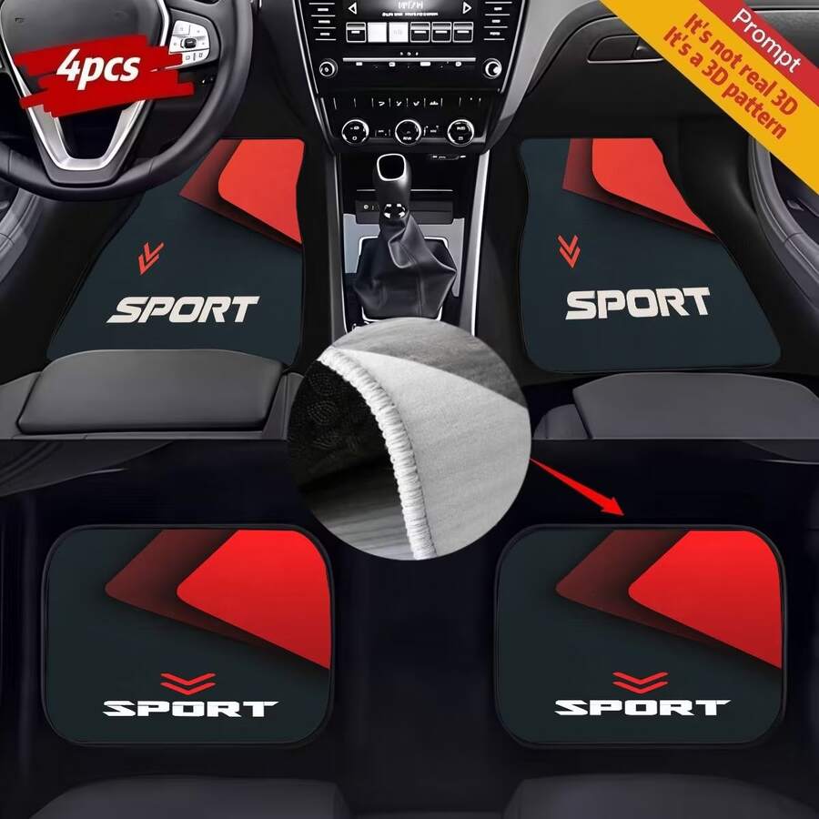 4 piezas de alfombrillas para coche estilo deportivo en negro & rojo de doble color - Hechas de material duradero, decoradas con un llamativo patrón triangular y diseño de letras "SPORT" - Multicolor - Ver 1