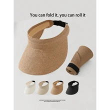 1pc Fashion Straw Sun Visors For Women Wide Brim Hats Roll-Up Foldable Summer Beach Visor Hat - 多色 4 - 查看 10
