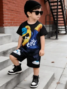 2pcs/Set Boys' Casual Fashionable Camo T-Shirt And Shorts Set, Spring New Arrival - Black - View 4