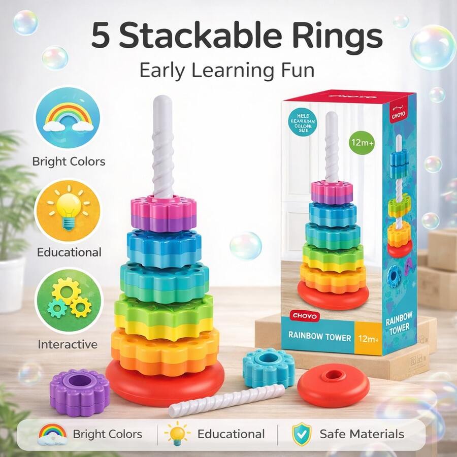 Spinning Rainbow Tower 5 Stackable Rings For Toddlers Colorful Stack Spin Toy Fine Motor Skill Development 12M+ Educational - Red - View 1
