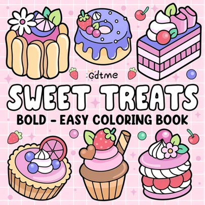 GDTME Viaggio artistico per alleviare lo stress, libro da colorare di deliziosi dessert, pulito e chiaro, rilassante e antistress, 24 pagine spesse non trasparenti, stampa su un solo lato, libro da colorare a tema piccola torta, disegni a mano di amore e amicizia, Pasqua, festival musicale, stagione dei matrimoni, regalo di compleanno, libro da colorare per adulti, libro da disegno per buoni amici