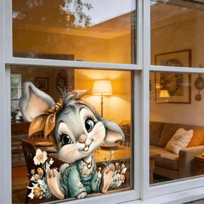 1/4 piezas Adhesivo electrostático para ventana de Pascua. PVC removible e impermeable. Diseño lindo de conejo con diadema de lazo, adecuado para decoración de dormitorio y hogar.