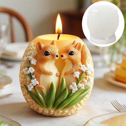 Cute Squirrel Couple Egg-Shaped Aromatherapy Candle Silicone Molds. The DIY Egg-Shaped Candles Feature A Relief Design Of A Pair Of Kissing Squirrel Lovers Surrounded By Lily Of The Valley Flowers. Suitable For Resin, Plaster, Clay, Concrete, Cement Crafts And Various Holiday Gifts & Home Decorations.