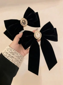 2件裝黑色天鵝絨蝴蝶結髮夾，適合女性與女孩，復古法式珍珠玫瑰裝飾髮飾，優雅派對婚禮髮夾 - 黑色 - 查看 6
