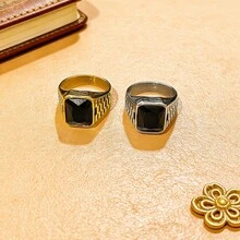 1pc Squared Rhinestone Stainless Steel Ring For Men, Durable Waterproof Non-Fading Hypoallergenic, Suitable For Daily Wear, Business Travel - Black Stone-set Men's Ring - View 4