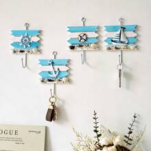 Decorative Nautical Wooden Robe And Towel Hooks - Wall Mounted Easy Install Storage Rack With Sailboat, Anchor, Wheel And Shell Accents, Suitable For Coastal Homes, Hotels And Bathrooms - Rustic Wooden Hanging Rack For Towels, Robes And Accessories, Random Shell Decor Included - Multicolor - View 9