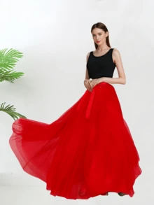 1 pieza Falda larga negra para mujer, falda de estilo gótico con abertura lateral blanca/roja para actuación en escenario, falda con lazo en la cintura, falda con superposición transparente, falda interior de malla de 150 cm de largo, linda minifalda - Multicolor - Ver 8