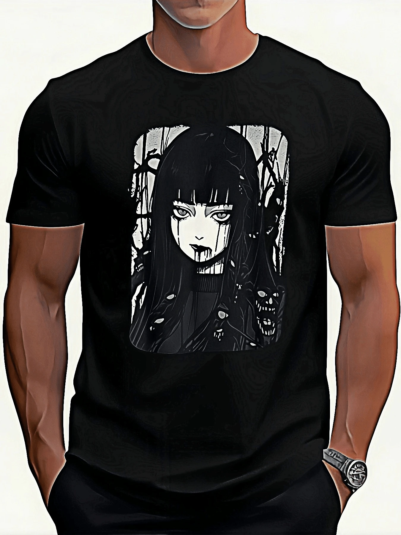 EWH Horror Anime Graphic T-Shirt - Pink Gothic Dark Style, Black Anime Girl With Skulls & Blood Design, Casual Knitted Fabric, Round Neck, Everyday Tshirt   Horror Anime Print   Knitted Texture