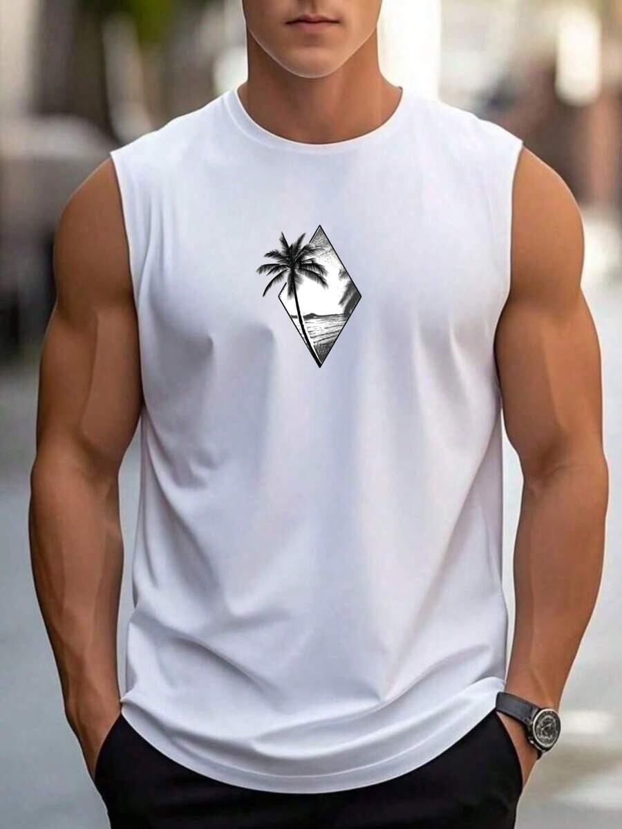 Men's Beach Tank Top, 100% Cotton, Casual Basic Style - White - View 1