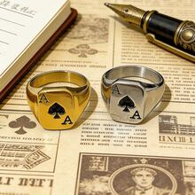 1枚黑桃A扑克牌图案男士休闲小众风格不锈钢镀层戒指，经久耐用，防水不褪色，防过敏，适合日常时尚复古装扮搭配。 - 撲克男士戒指 - 查看 5