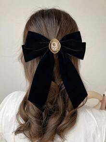 2件裝黑色天鵝絨蝴蝶結髮夾，適合女性與女孩，復古法式珍珠玫瑰裝飾髮飾，優雅派對婚禮髮夾 - 黑色 - 查看 2