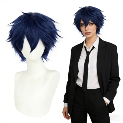 Dark Blue Spiky Short Wig, High Quality Anime Cosplay Wig For Men & Women, Perfect For Character Role-Playing