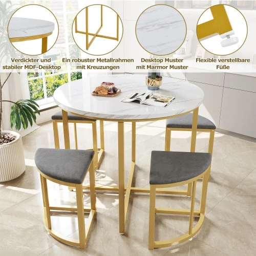 Dining Set With Four Chairs, Dining Table With MDF Top And Gold Iron Frame, Velvet Chairs, Modern And Luxurious Style, Grey - White - View 1