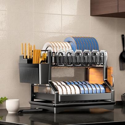 1pc Black 2-Tier Iron Dish Rack, Vertical Plate Holder, Kitchen Storage Organizer With Drip Tray, Large Capacity High Load-Bearing, Includes Utensil Holder And Drainage Groove, Space-Saving For Home