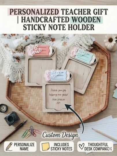 1 Pack Personalized Sticky Note Holders With Color Acrylic Pencil Detail And Included Notes, Rustic Desk Organizer Gift Set With Engraved Custom Text, Unique Office Stationery Accessory For Teacher Appreciation, Home Office & Workspace Decor
