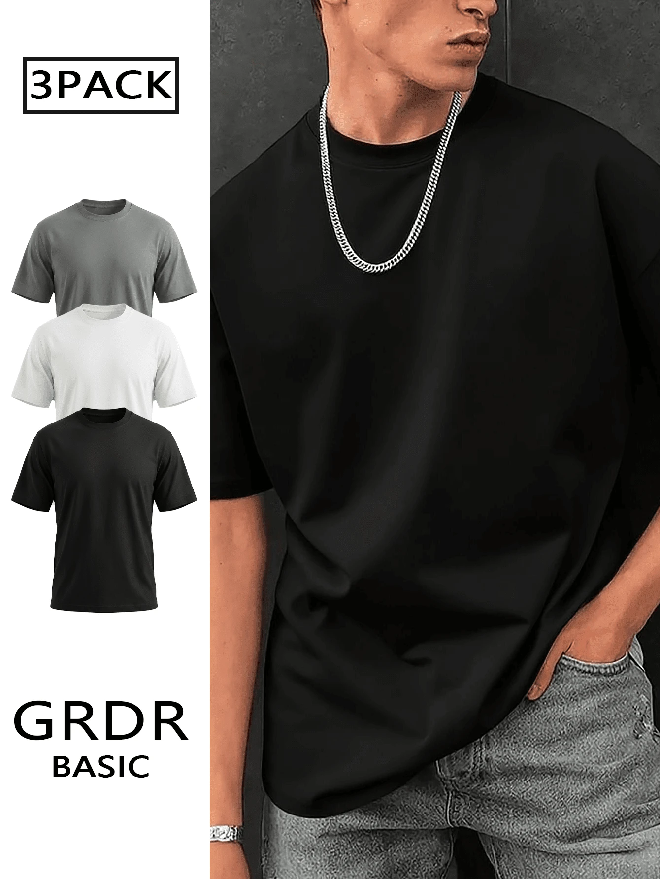 GRDR 3件套 男士夏季休闲街头基础款纯色圆领短袖T恤 - 彩色 - 查看 1