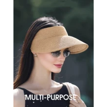 1pc Fashion Straw Sun Visors For Women Wide Brim Hats Roll-Up Foldable Summer Beach Visor Hat - 多色 4 - 查看 8