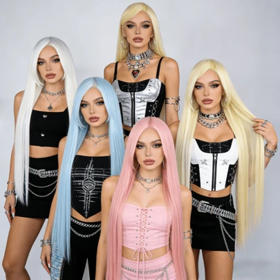 40inch Macaron Color Extra Long Straight Wig For Women, K-Pop Idol Style, Bright Yellow / Light Pink / Light Blue / Cream White / Pure White High Quality Wig For Cosplay & Party Use
