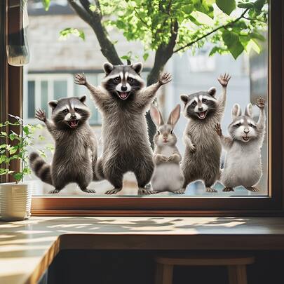 1 schattige raamsticker met wasbeer en konijn, verwijderbare zelfklevende sticker, 5 bosdieren decoraties, geschikt voor huisdecoratie en raamdecoratie tijdens de feestdagen, het hele jaar door.