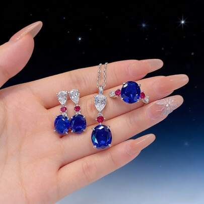 1pc Popular Titanium And Steel Necklaces And Collar Chains In Europe And America, Bluish-Dyed Waterdrop-Shaped Elliptical Small And Fresh Alloy Pendants As Jewelry, Korean Version Rings, Suitable As A Set Gift For Girlfriends And Close Friends.