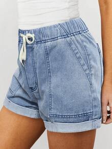 女士轻薄夏季牛仔短裤，休闲宽松抽绳松紧腰，卷边裤脚，舒适度假牛仔短裤 - 炒花藍 - 查看 3