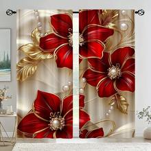 2 buah Tirai Motif Bunga Merah dan Daun Cokelat Tua - Dengan Desain Saku Batang yang Mudah, Bahan Poliester, Dapat Dicuci dengan Mesin, Sempurna untuk Dekorasi Ruang Tamu, Kamar Tidur, dan Ruang Belajar - MultiWarna - View 5