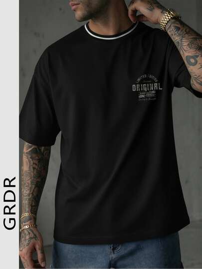  GRDR American Streetwear Contrast Collar Print Short Sleeve T-Shirt, Men, Summer Loose Drop Shoulder Niche Brand Top