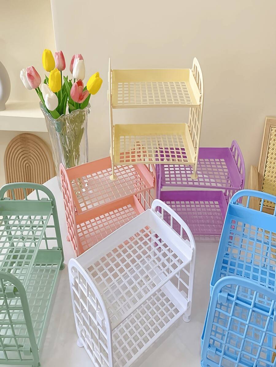 シンプルな二層式折りたたみデスクトップラック、ランダムカラーの収納棚