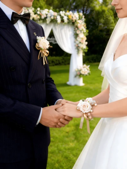 一件式婚礼胸饰和护腕套装，人造玫瑰配金色丝带，波西米亚风格新郎、伴娘、舞会和婚礼派对花卉套装，人造玫瑰配金色丝带，波西米亚欧式新郎花卉套装，伴娘、舞会和婚礼派对花卉套装，人造玫瑰配金色丝带，适用于舞会和婚礼派对