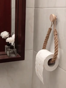 No Drill Solid Wood Hanging Hook, Rope Crafted Toilet Paper Holder, Bathroom Tissue Roll Storage Rack, Woven Towel Rack - Khaki - View 2