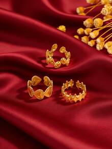 Camhanno 3/1件 - Niche Design 不锈钢心形/钻石/豆形图案戒指，女士款，奢华精致，可调节食指戒指。 - 金色 - 查看 2