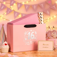 16th Birthday Gift Bag Set - Elegant Pink Paper Bag Containing 2 Sheets Of Gift Wrapping Paper And 1 Greeting Card. Reusable Happy Birthday Gift Bag, Suitable For Ladies Anniversary Party Favors - Fashionable Women Gift Packaging. - 16 - View 6
